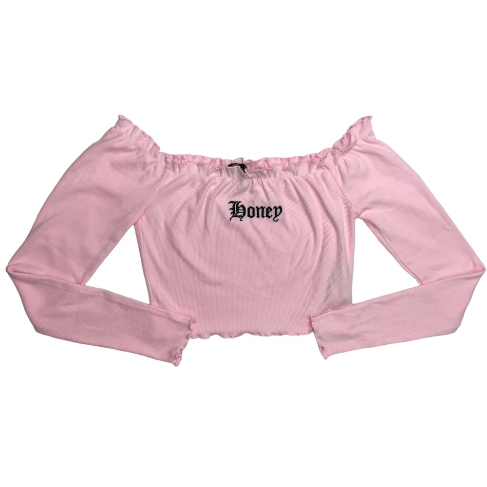 Forever 21 Pastel Pink Honey Embroidery Off-the-Shoulder Long Sleeve Crop Top